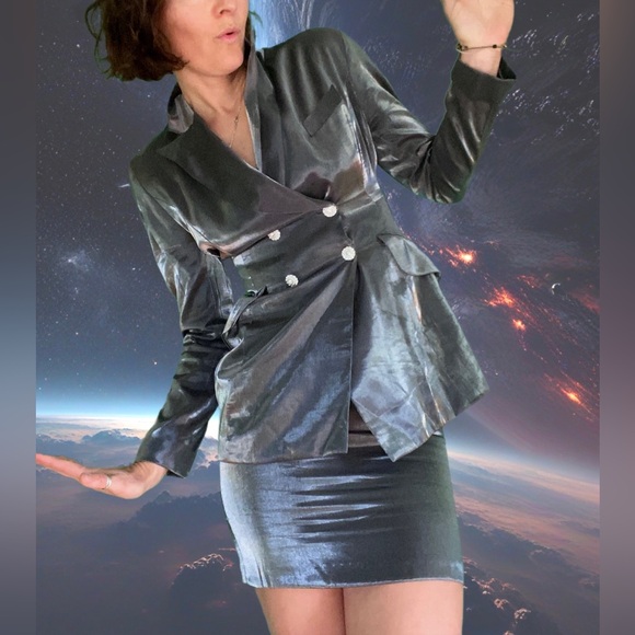 Vtg 90s Cache cosmic metallic silver gray Satin Blazer cutout back Skirt Set - Picture 3 of 14